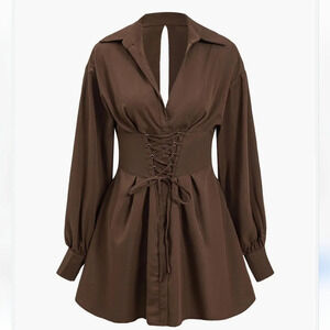 Bershka Corset detail tie up Long Sleeves Women's Dress in chocolate Size XS